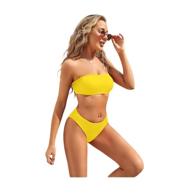 Zaful Yellow Ribbed 2Piece Bikini Size Large (US 8) with Removable Strap and Pad - Picture 1 of 6